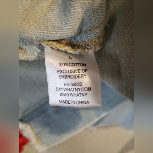 Womens Say What ? Distressed & Floral Enbroidered Denin Jacket Light Wash L - Picture 5 of 10